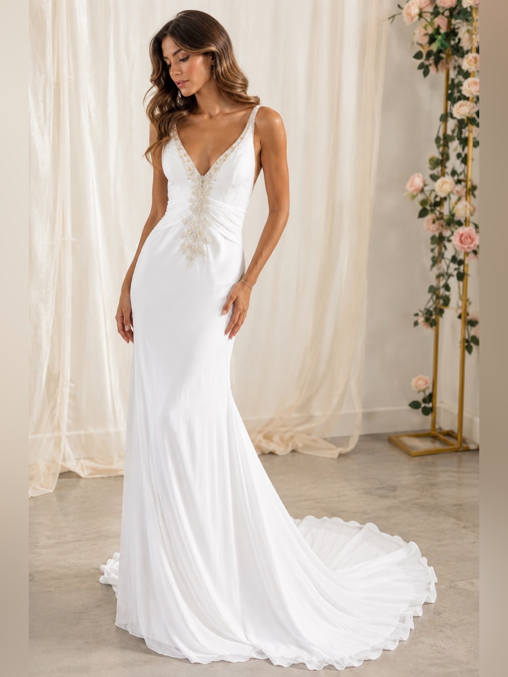 Pallas Athena Elegant White Wedding Dress with pearl and rhinestone Accents